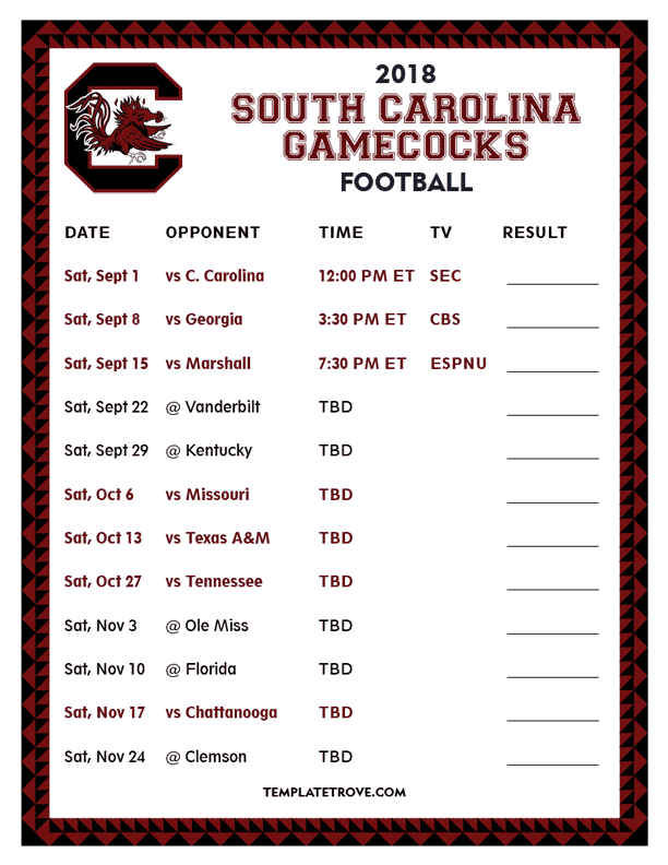 Printable 2018 South Carolina Gamecocks Football Schedule