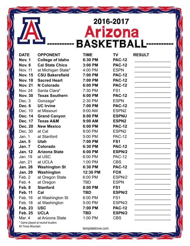 Printable 2019 2020 Arizona Wildcats Basketball Schedule