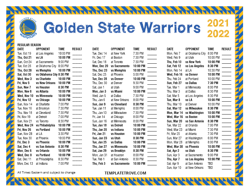 Printable 2021 2022 Golden State Warriors Schedule