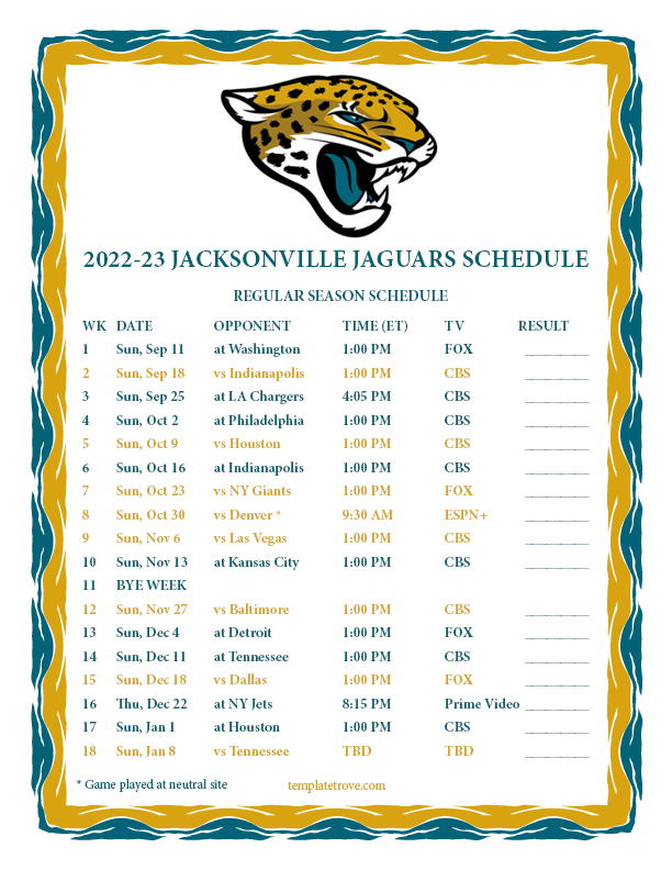 Printable 2022 2023 Jacksonville Jaguars Schedule