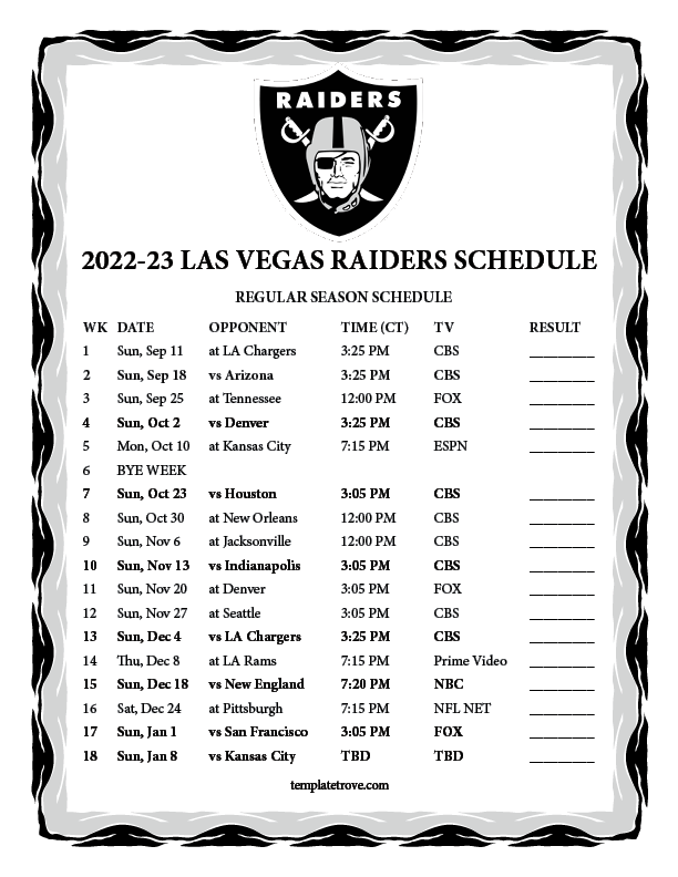 Printable 20222023 Las Vegas Raiders Schedule