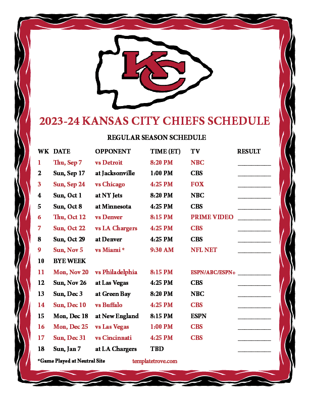 Printable 2023 2024 Kansas City Chiefs Schedule