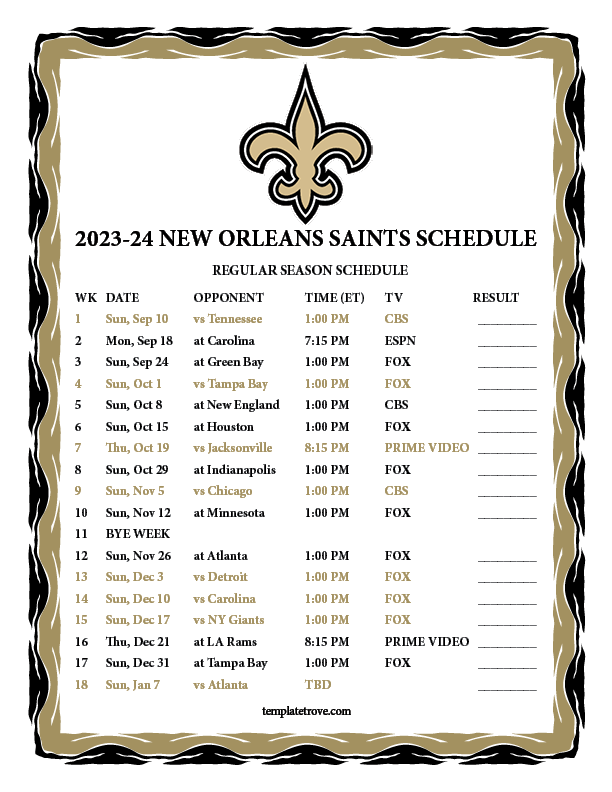 Printable 2023 2024 New Orleans Saints Schedule