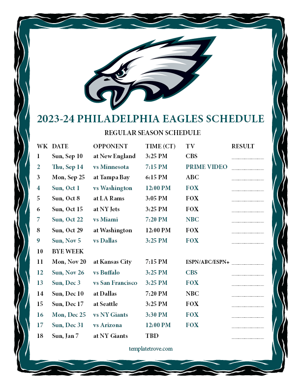 Printable 2023 2024 Philadelphia Eagles Schedule