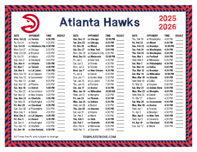 Atlanta Hawks 2025-26 Printable Schedule - Pacific Times