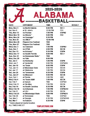 2024-25 Printable Alabama Crimson Tide Basketball Schedule