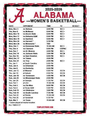 Alabama Crimson Tide Women's Basketball 2025-26 Printable Schedule - Central Times