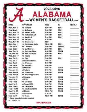 2024-25 Printable Alabama Crimson Tide Women's Basketball Schedule