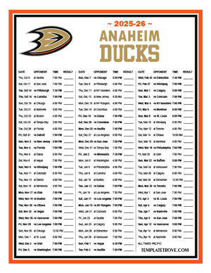 Anaheim Ducks 2025-26 Printable Schedule - Pacific Times