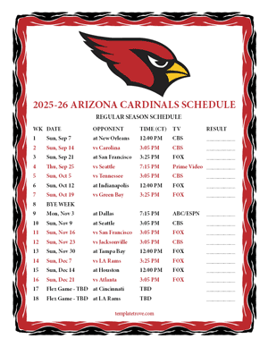 Arizona Cardinals 2025-26
 Printable Schedule - Central Times