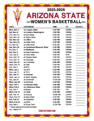 Arizona State Sun Devils Women's Basketball 2025-26 Printable Schedule - Pacific Times