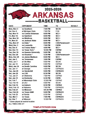 2024-25 Printable Arkansas Razorbacks Basketball Schedule