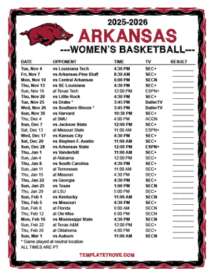 Arkansas Razorbacks women's basketball 2025-26 Printable Schedule - Pacific Times