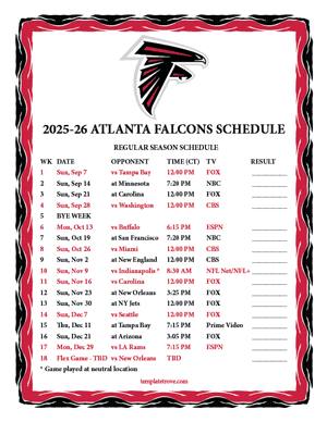 Atlanta Falcons 2025-26
 Printable Schedule - Central Times