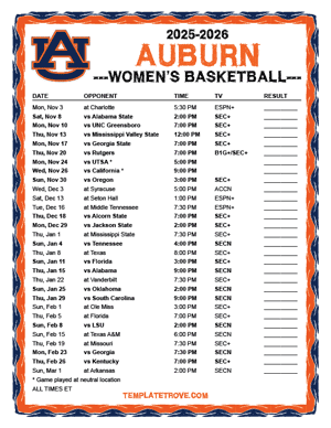 2024-25 Printable Auburn Tigers Women's Basketball Schedule