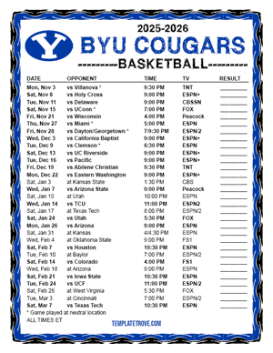 2024-25 Printable BYU Cougars Basketball Schedule