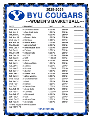 BYU Cougars Women's Basketball 2025-26 Printable Schedule - Pacific Times