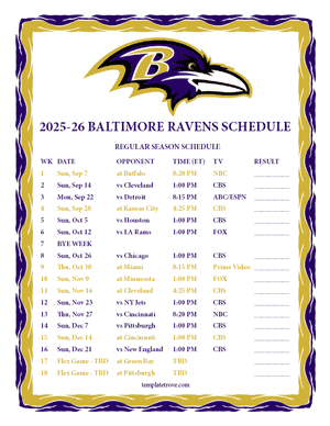 Baltimore Ravens 2025-26
 Printable Schedule