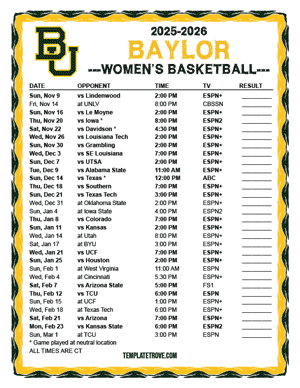 Baylor Bears Women's Basketball 2025-26 Printable Schedule - Central Times