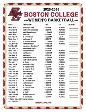 Boston College Eagles women's basketball 2025-26 Printable Schedule - Central Times