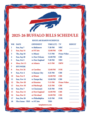 Buffalo Bills 2025-26
Printable Schedule - Central Times