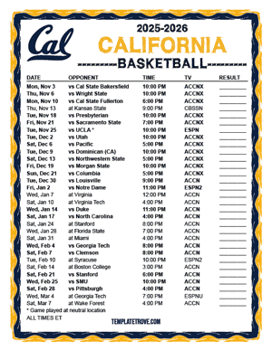 2024-25 Printable California Golden Bears Basketball Schedule