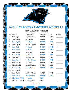 Carolina Panthers 2025-26
 Printable Schedule