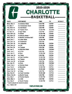Charlotte 49ers Pirates Basketball 2025-26 Printable Schedule - Mountain Times