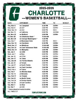 2024-25 Printable Charlotte 49ers Women's Basketball Schedule