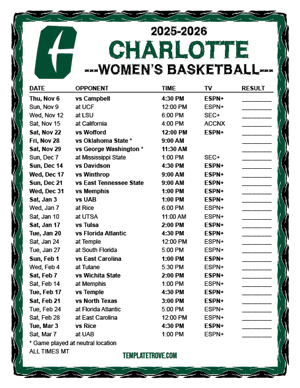 Charlotte 49ers women's basketball 2025-26 Printable Schedule - Mountain Times