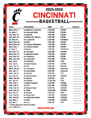 2024-25 Printable Cincinnati Bearcats Basketball Schedule