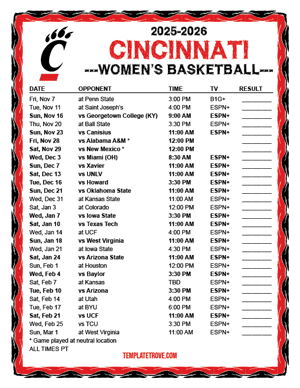 Cincinnati Bearcats Women's Basketball 2025-26 Printable Schedule - Pacific Times
