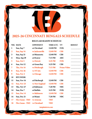 Cincinnati Bengals 2025-26
 Printable Schedule - Central Times