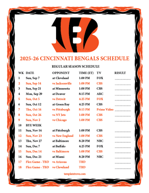 Cincinnati Bengals 2025-26
 Printable Schedule