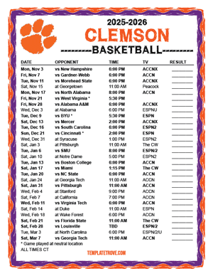Clemson Tigers Basketball 2025-26 Printable Schedule - Central Times
