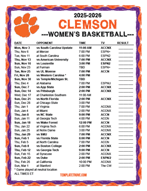 2025-26 Printable Clemson Tigers Women's Basketball Schedule