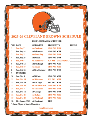 Cleveland Browns 2025-26
 Printable Schedule - Central Times