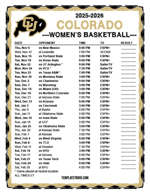 2024-25 Printable Colorado Buffaloes Women's Basketball Schedule