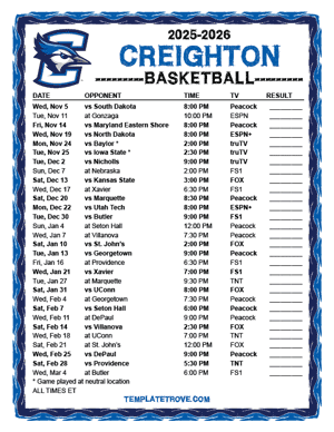 2024-25 Printable Creighton Bluejays Basketball Schedule