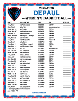 DePaul Blue Demons Women's Basketball 2025-26 Printable Schedule - Pacific Times