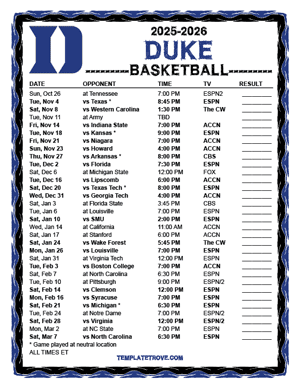 2024-25 Printable Duke Blue Devils Basketball Schedule