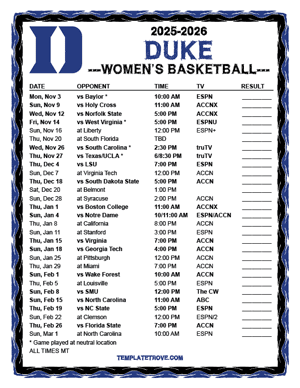 Duke Blue Devils women's basketball 2025-26 Printable Schedule - Mountain Times