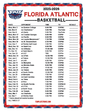 Florida Atlantic Owls Basketball 2025-26 Printable Schedule - Central Times
