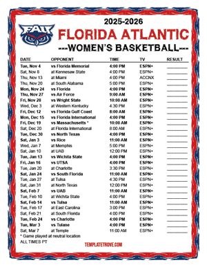 Florida Atlantic Owls women's basketball 2025-26 Printable Schedule - Pacific Times