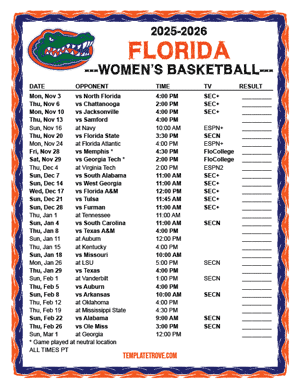 Florida Gators women's basketball 2025-26 Printable Schedule - Pacific Times
