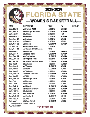 Florida State Seminoles women's basketball 2025-26 Printable Schedule - Mountain Times
