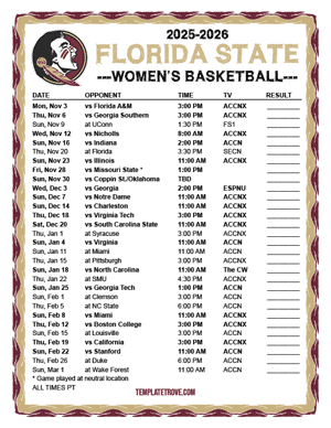 Florida State Seminoles women's basketball 2025-26 Printable Schedule - Pacific Times
