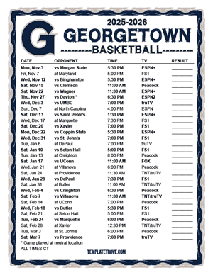Georgetown Hoyas Basketball 2025-26 Printable Schedule - Central Times