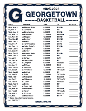 2024-25 Printable Georgetown Hoyas Basketball Schedule