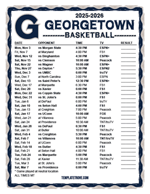 Georgetown Hoyas Basketball 2025-26 Printable Schedule - Mountain Times